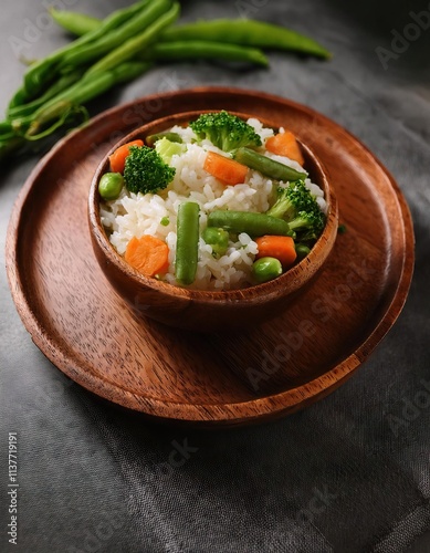 Aromatic Vegetable Rice Bowl with Carrots, Broccoli, and Green Beans in a Wooden Serving Dish photo