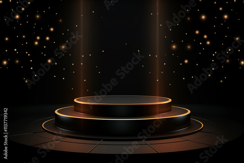 3D podium with a round black platform on a dark background, with lighting and glitter effects photo