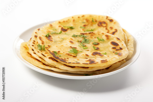 Traditional Asian-style Indian and Pakistani paratha and roti, freshly cooked and fried to perfection, displayed on a white background, showcasing its golden texture and rich cultural culinary appeal
