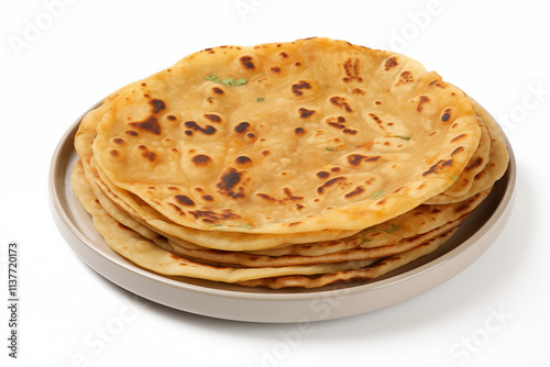 Traditional Asian-style Indian and Pakistani paratha and roti, freshly cooked and fried to perfection, displayed on a white background, showcasing its golden texture and rich cultural culinary appeal