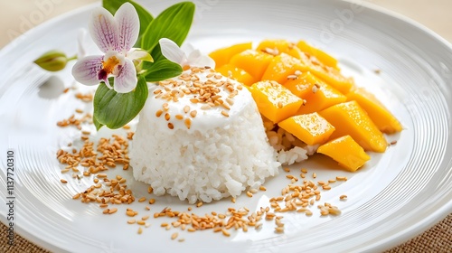 Artistic presentation of mango sticky rice dish fine dining restaurant culinary photography elegant setting close-up gourmet experience photo