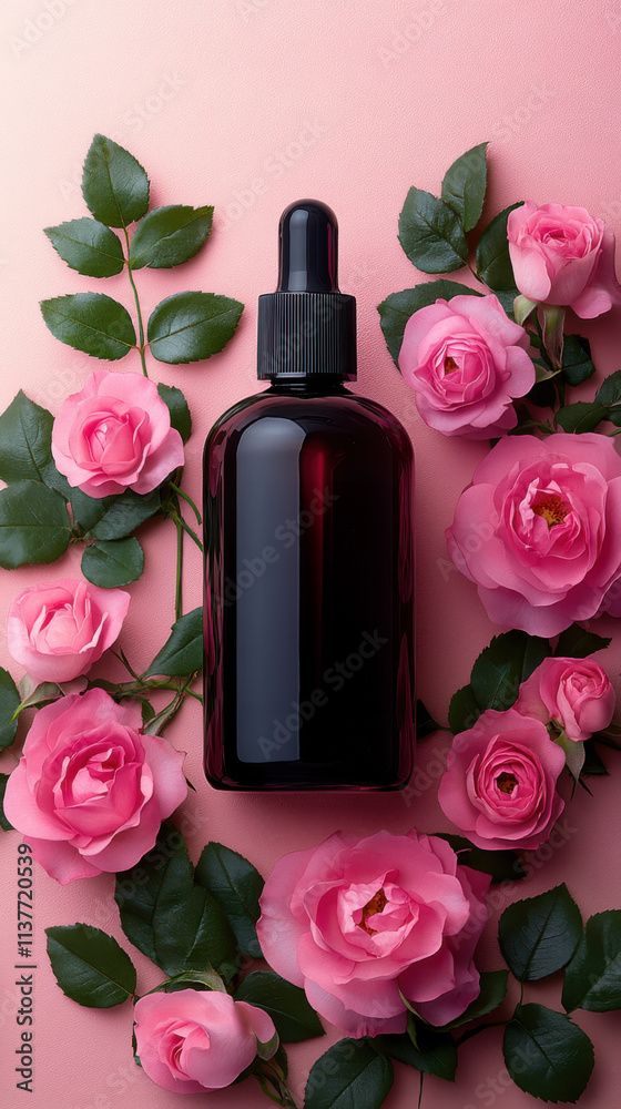 black glass dropper bottle for medical and cosmetic use and pink roses on a pink background black glass dropper bottle for medical and cosmetic use and pink roses on a pink background