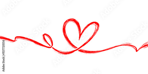 One Continuous Line of Grunge Heart. Cute doodle love sign isolated on white background. Scribble heart shapes drawn with markers and chalk