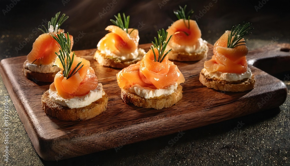 Festive Bites Smoked Salmon Canapes with Cream Cheese and Rosemary Garnishes on a Rustic Wooden Board Festive Bites Smoked Salmon Canapes with Cream Cheese and Rosemary Garnishes on a Rustic Wooden Board