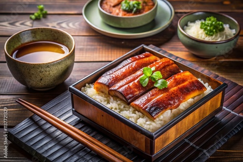 Unagi Kabayaki Bento Box: Japanese Eel Rice Bowl Miso Soup Chopsticks Food Photography photo