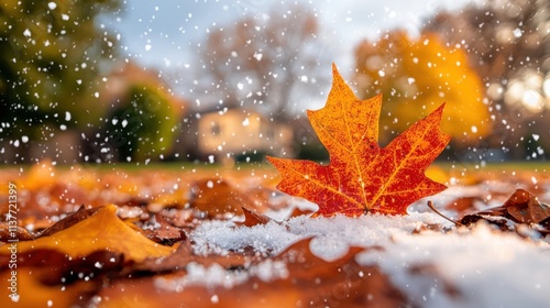 The background of an autumn park blanketed in the first snow, with vibrant orange and red leaves peeking through the freshly fallen white powder