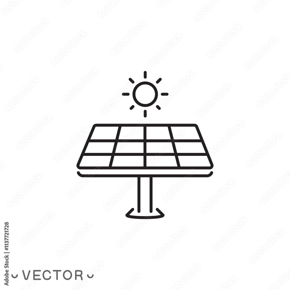 sun and solar panel icon, thin line symbol isolated on white background, editable stroke eps 10 vector illustration