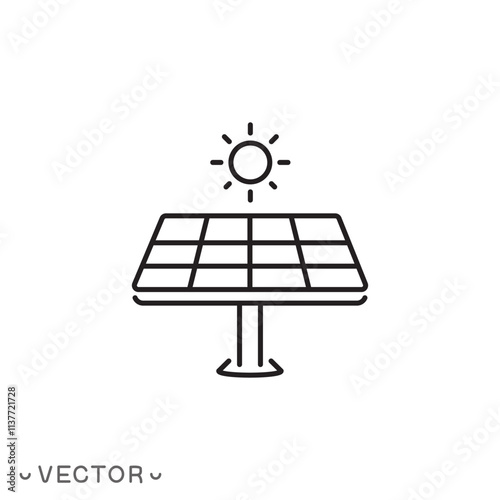 sun and solar panel icon, thin line symbol isolated on white background, editable stroke eps 10 vector illustration