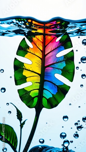 Artistic depiction of a rainbow leaf floating in water