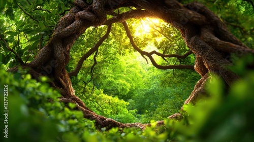 A mesmerizing stock photo featuring an impenetrable surreal magic forest with intertwining branches creating a mystical and enchanting atmosphere photo