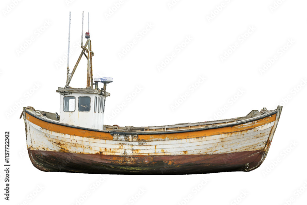 Old wooden fishing boat isolated on white or transparent background, with clipping path
Old wooden fishing boat isolated on white or transparent background, with clipping path