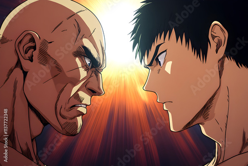 Two intense characters face off, showcasing tension and rivalry in a dramatic atmosphere, anime illustration photo