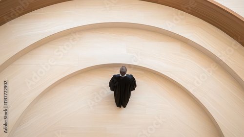 Judge in Black Robe Standing on Wooden Curved Steps from Above