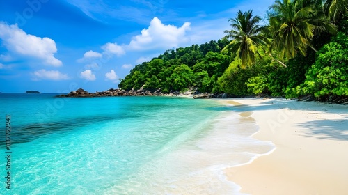 A photo of a remote tropical island with white sandy beaches, lush green palms, and coral reefs visible in the turquoise sea.  photo