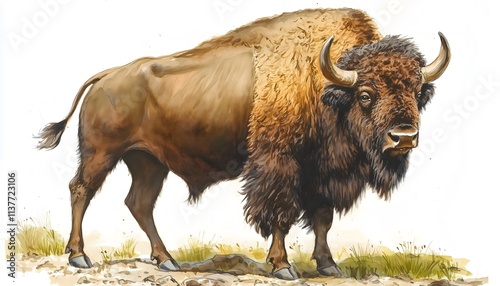 A watercolor painting of a massive bison isolated on a white background