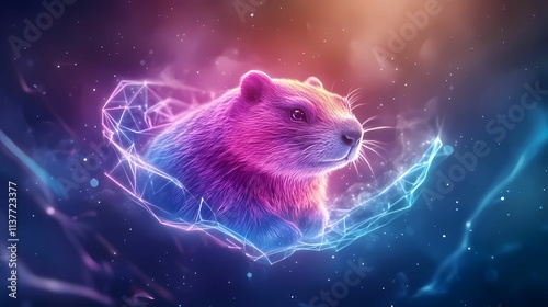 A vibrant, digital depiction of a bear surrounded by colorful, glowing light patterns, creating a mystical and futuristic atmosphere.