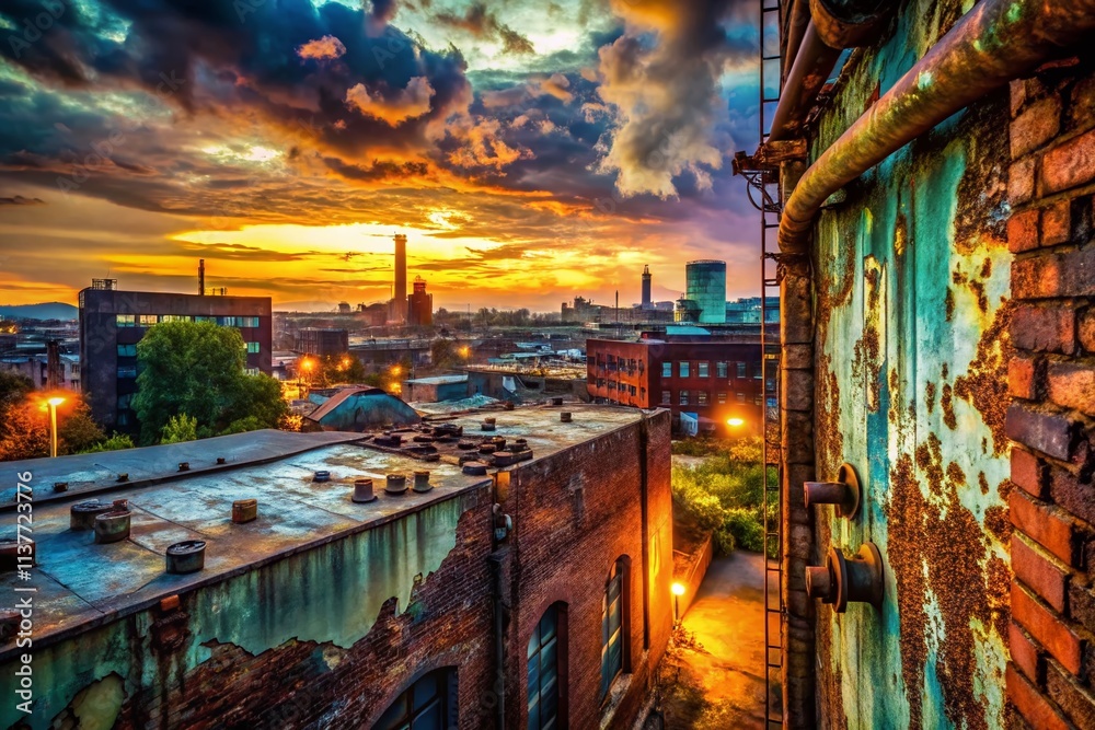 Fototapeta premium Urban Exploration Invitation Background: Grungy Industrial Cityscape Photography