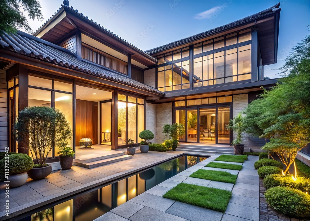Fototapeta premium Modern China House Architecture, Contemporary Chinese Homes, Stylish Chinese Villa Design, Residential Building China, Exterior Home Design China