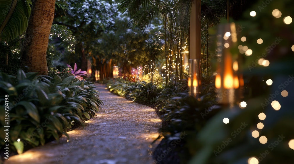 Obraz premium A garden path at night, illuminated with warm white LED lights.