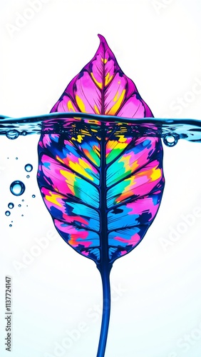 Vibrant multicolored leaf submerged in water
