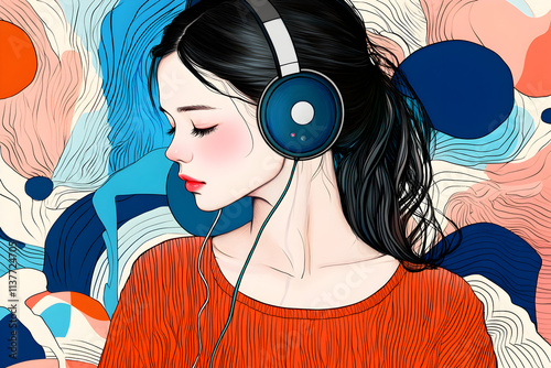 A serene young woman with headphones, lost in music, exuding calm and introspection. Anime illustration photo