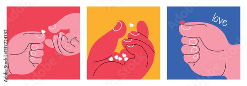 Set of posters for Valentine's Day. Giant hand holding tiny little Heart. Love, assistance, acceptance, romance, support. Cute sale flyer template, poster, label, ad, cover. Trendy style. 