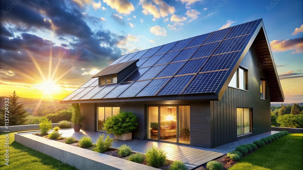 Fototapeta premium Modern Home Solar Panels Roof - Sustainable Energy Architecture Design