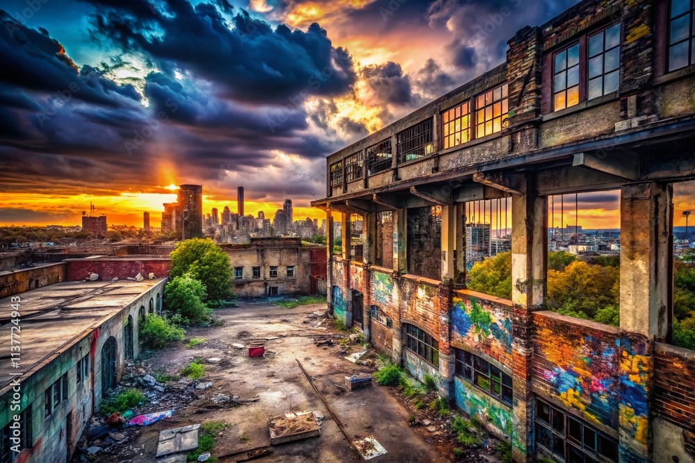 Fototapeta premium Urban Exploration Photography: Cloud Background, Abandoned Building, Cityscape, Industrial Ruins, Grunge Texture, Rooftop, Decay, Graffiti Art, Dark Atmosphere, Mysterious Places