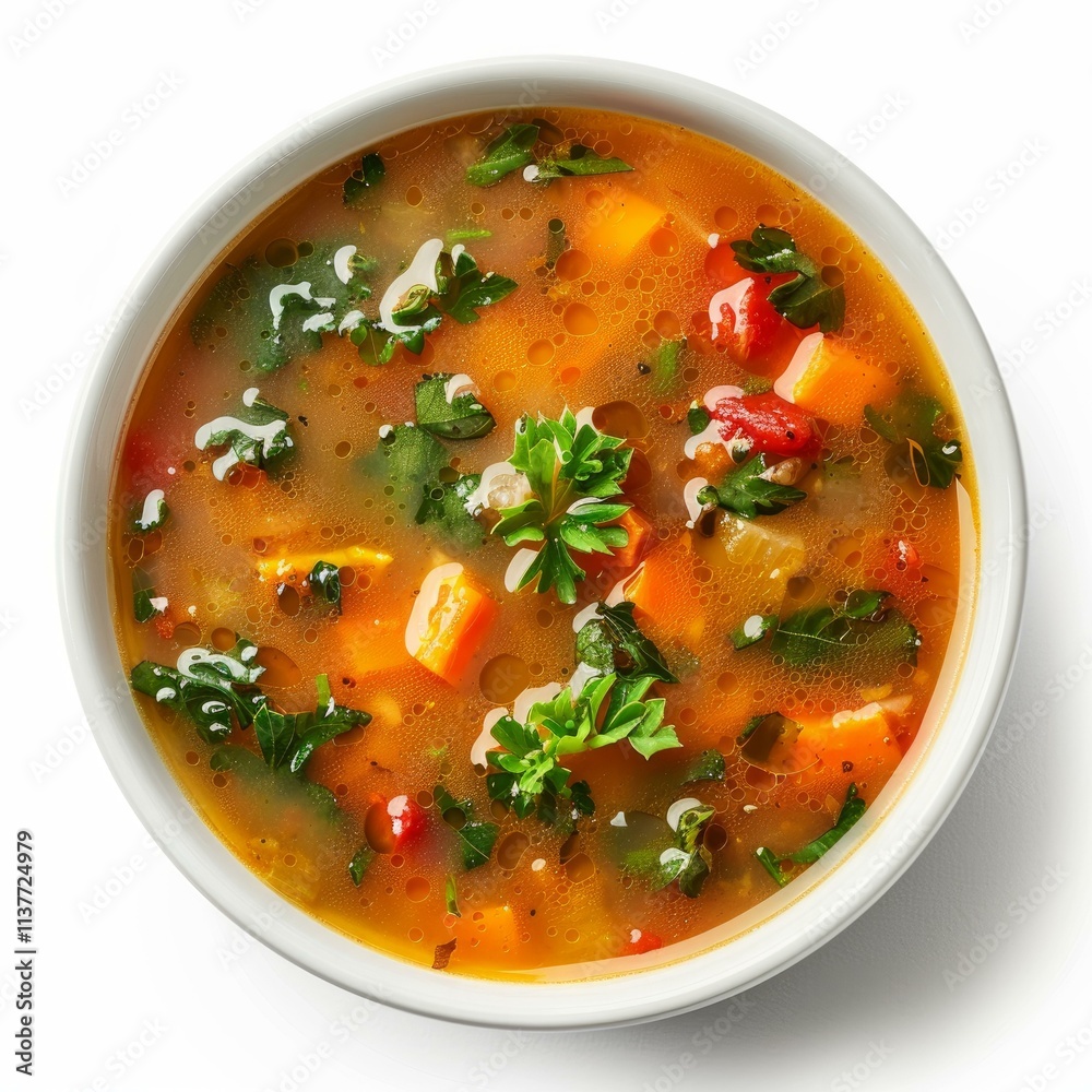 Warm and comforting vegetable soup garnished with fresh parsley, served in a white bowl Warm and comforting vegetable soup garnished with fresh parsley, served in a white bowl