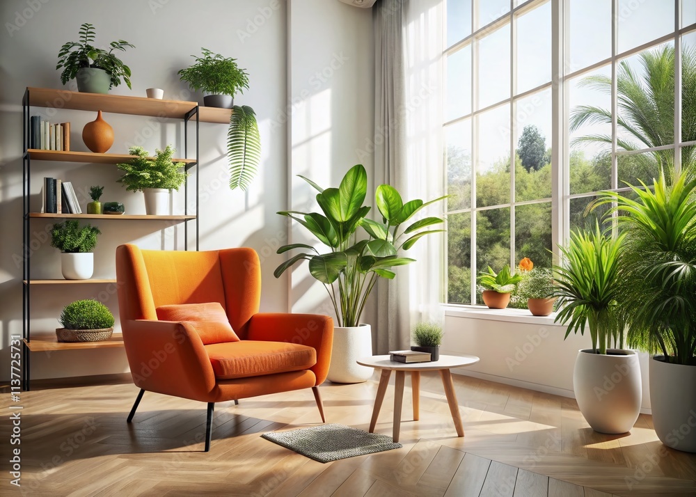 Fototapeta premium Modern Living Room Design: Orange Armchair, Potted Plants, Mockup, Interior Design, Home Decor, Cozy Room, Stylish Apartment
