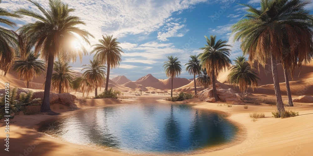 Fototapeta premium Oasis with Palm Trees and a Small Pond in a Desert Landscape