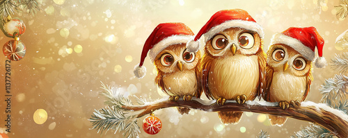 Illustration of owl family on the branch christmas banner  photo