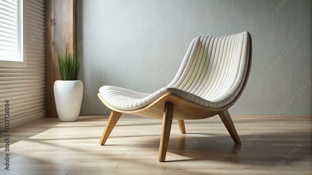 Fototapeta premium Modern Organic Lounge Chair: White Ribbed Texture Seat & Wooden Base Minimalist Design