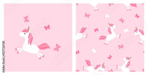 Seamless pattern with unicorn cartoons and butterflies on pink background vector.