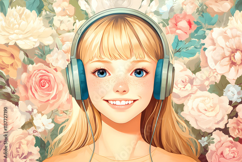 A young woman with headphones smiles, surrounded by a soft floral background. Anime illustration photo