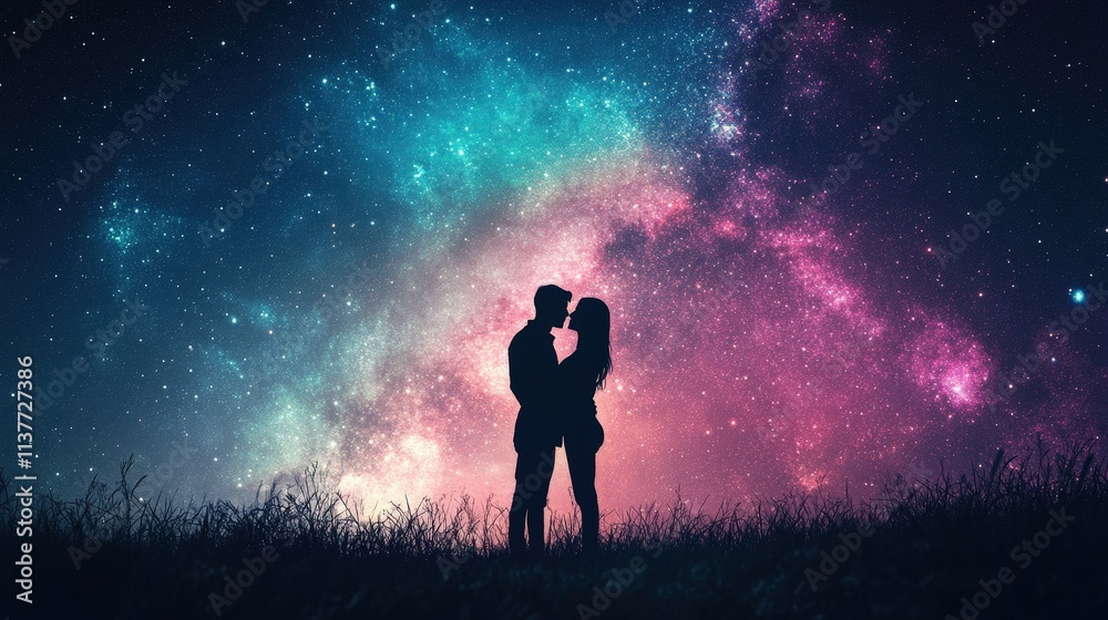 Romantic Silhouette of Couple Embracing Under a Starry Sky with Vibrant Colors of Galaxy and Cosmic Wonders in Background Romantic Silhouette of Couple Embracing Under a Starry Sky with Vibrant Colors of Galaxy and Cosmic Wonders in Background