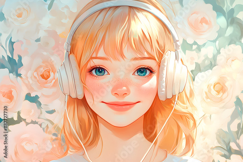 A young woman with headphones smiles, surrounded by a soft floral background. Anime illustration photo