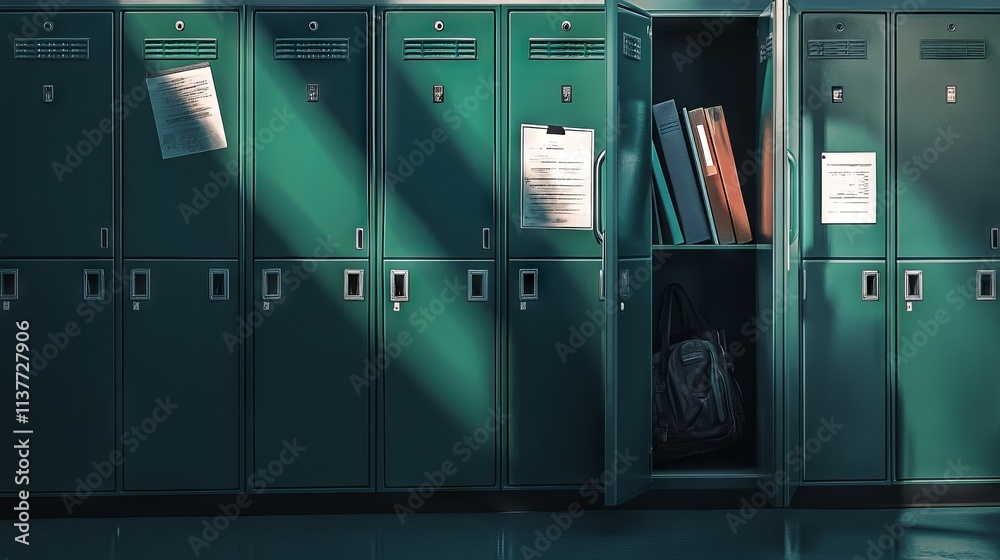 Open green high school locker with books and gym bag in an empty room. AI generated illustration Open green high school locker with books and gym bag in an empty room. AI generated illustration