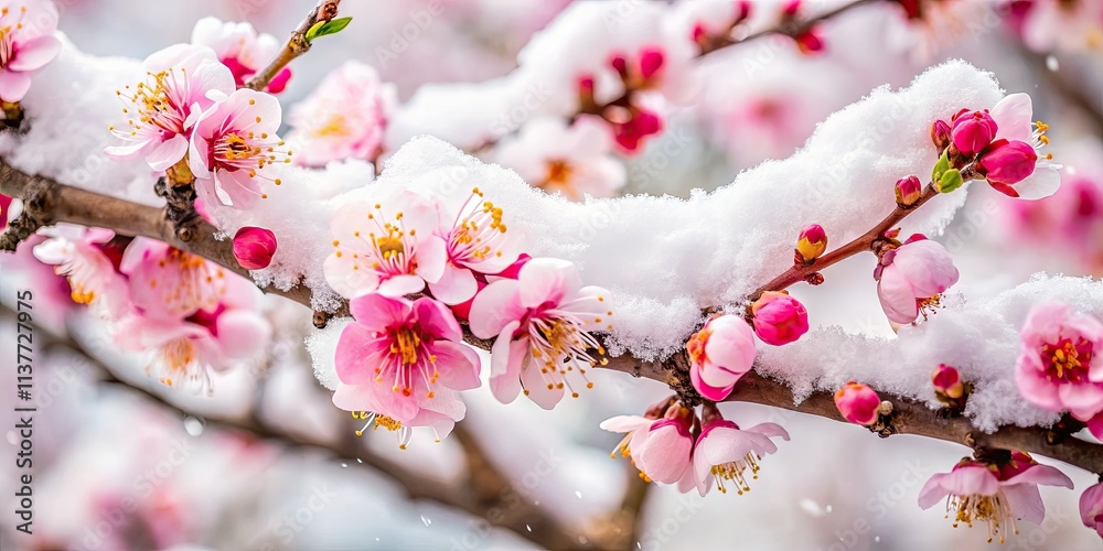 Spring's gentle snow: apricot blossoms paint delicate pink on frosted branches. Spring's gentle snow: apricot blossoms paint delicate pink on frosted branches.
