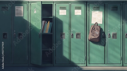 Open green high school locker with books and gym bag in an empty room. AI generated illustration