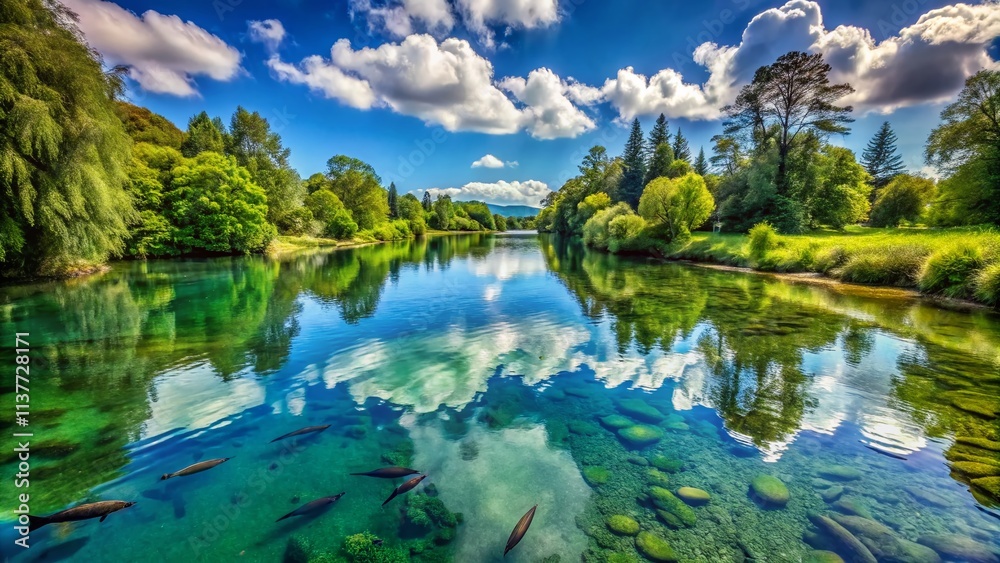 Obraz premium Mohara River Fishing Landscape, Scenic Fishing Hole, Tranquil River Scene, Serene Waterscape, Peaceful Fishing Spot, Riverbank Fishing, Mohara River View, Stunning River Landscape