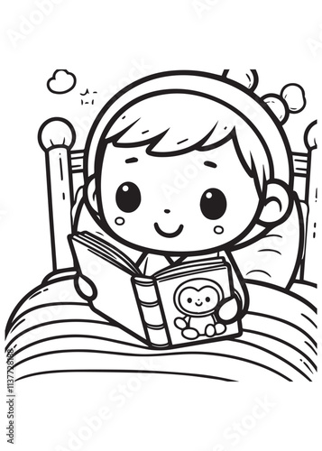 Boy read book before sleep coloring page design education