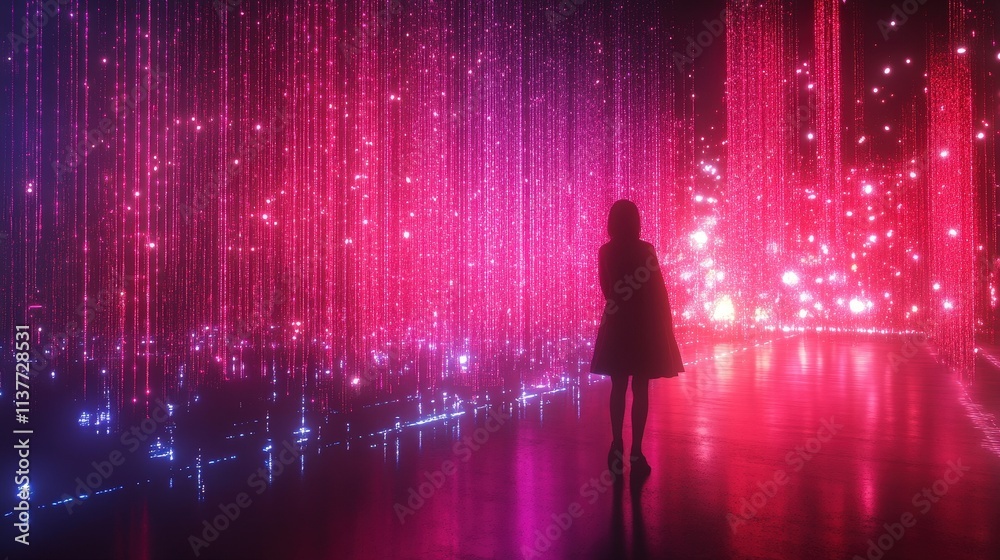 Enigmatic Silhouette of a Woman Surrounded by Vibrant Lights in a Colorful Abstract Installation with Cascading Sparkles and Glowing Effects Enigmatic Silhouette of a Woman Surrounded by Vibrant Lights in a Colorful Abstract Installation with Cascading Sparkles and Glowing Effects