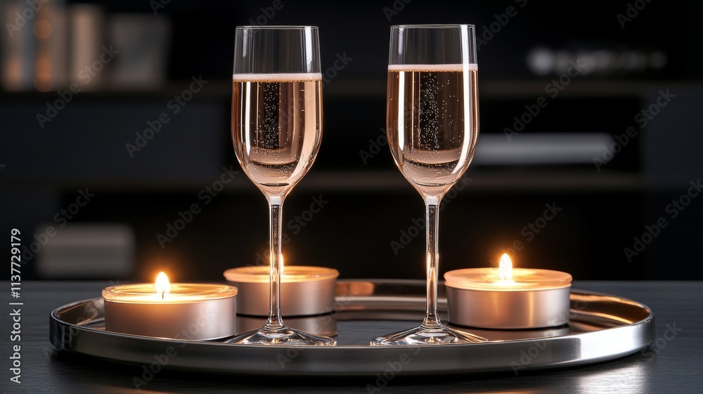 Two Champagne Flutes With Candles On A Tray Two Champagne Flutes With Candles On A Tray