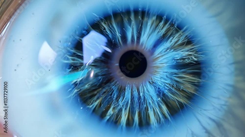 A close-up of a bright blue human eye with intricate details of the iris, symbolizing vision, focus, and human beauty. photo