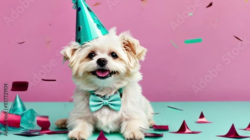 A cute fluffy white dog wearing a blue party hat and sitting happily against a colorful background, symbolizing celebration, happiness, and pets. photo