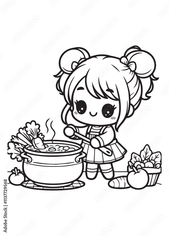 Coloring page design education girl cooking soup Coloring page design education girl cooking soup