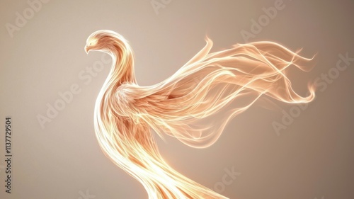 Elegant phoenix with flowing, luminous feathers against a soft background.