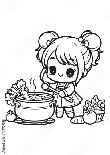 Coloring page design education girl cooking soup