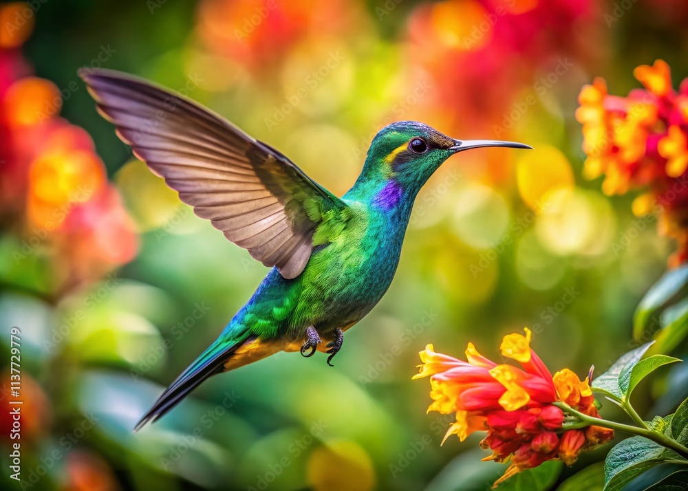 Fototapeta premium Vibrant Colibri in Costa Rica Surrounded by Colorful Blossoms and Soft Bokeh Effect for a Dreamy Nature Scene
